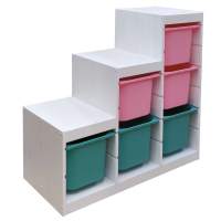 Стеллаж ИКЕА (IKEA) Стеллаж лесенка 940х440х910 ТРУФАСТ БЕЛЫЙ сосна,контейнеры:розовый 3(Б)/бирюзовый (3Б) 