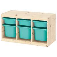 Стеллаж ИКЕА (IKEA) Стеллаж тройной 930х440х520 ТРУФАСТ б/п сосна,контейнеры: бирюзовый (3С)/бирюзовый (3Б) 